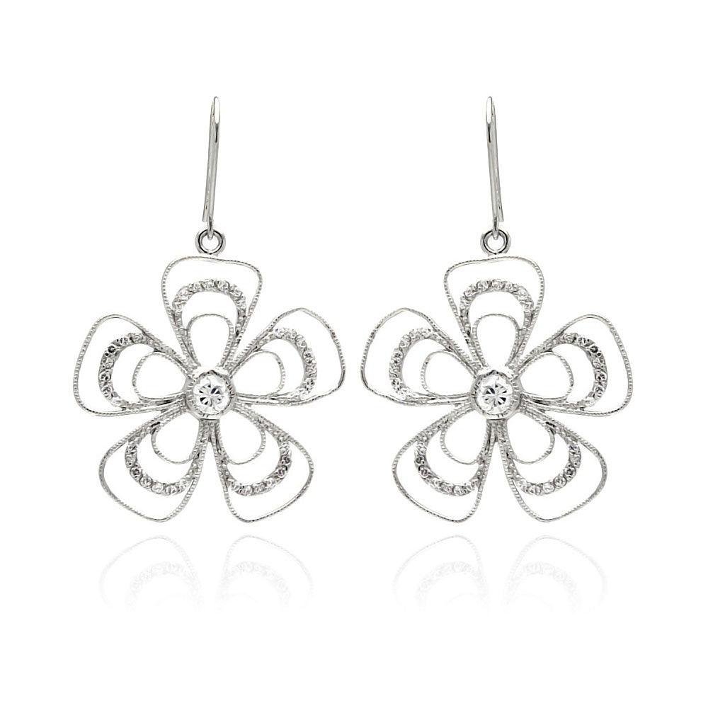 Silver 925 Rhodium Plated Open Flower CZ Dangling Hook Earrings - BGE00232