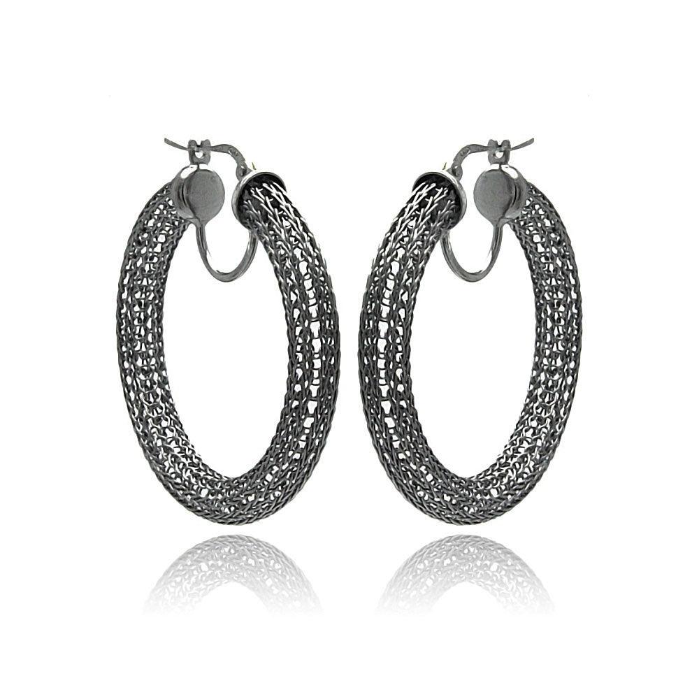 Silver 925 Black Rhodium Mesh Plated Hoop Earrings - ITE00039BLK