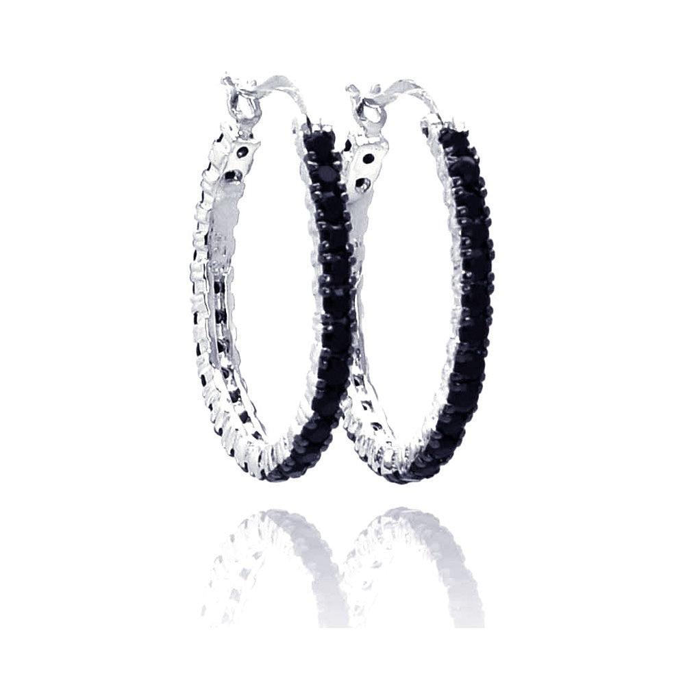 Silver 925 Black and Silver Rhodium Plated CZ Hoop Earrings - BGE00075
