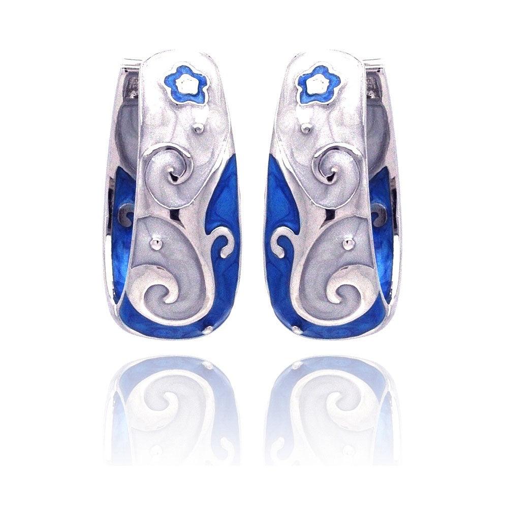 Silver 925 Rhodium Plated Blue Filigree Star CZ Hoop Earrings - BGE00131