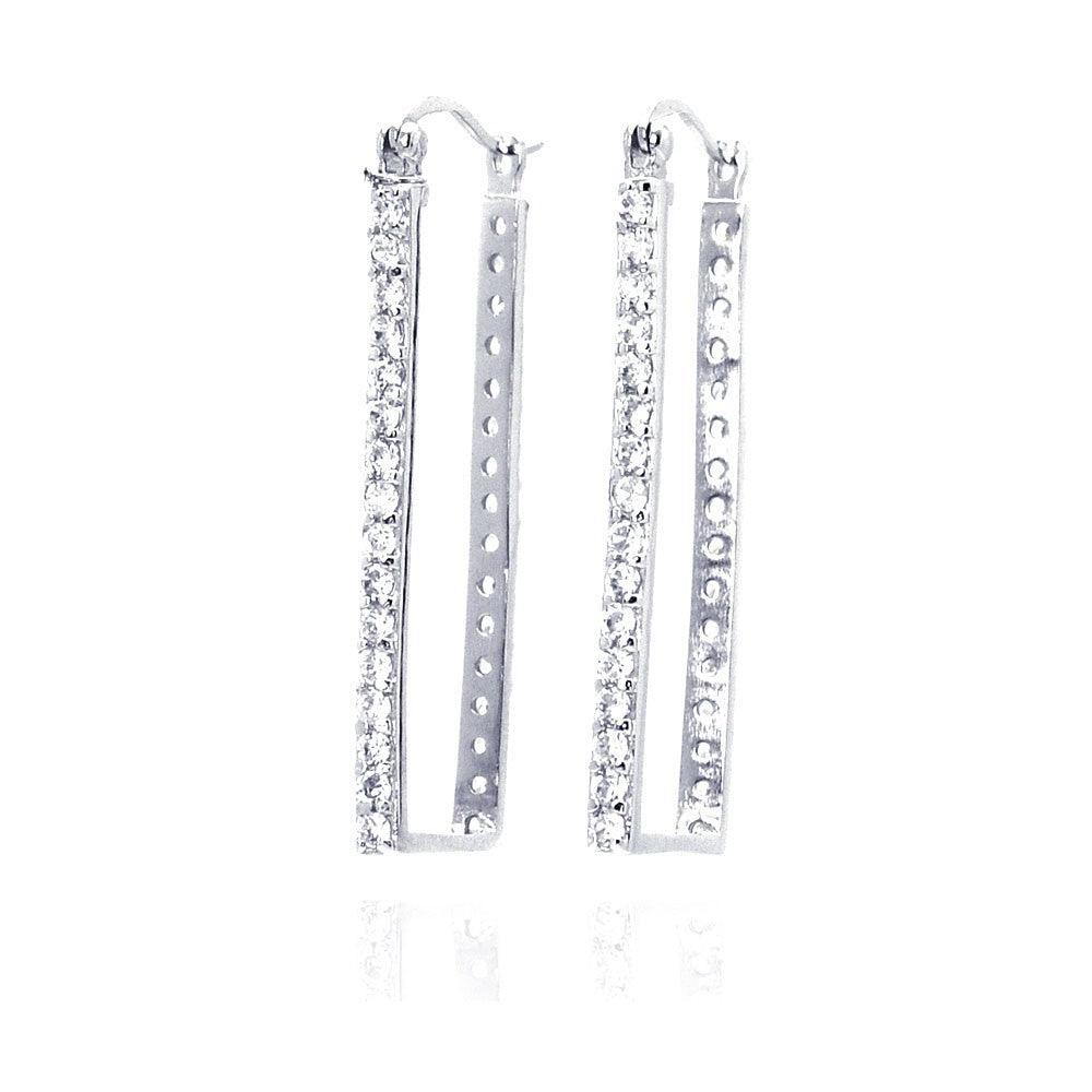 Silver 925 Rhodium Plated CZ Rectangular Hoop Earrings - STE00032