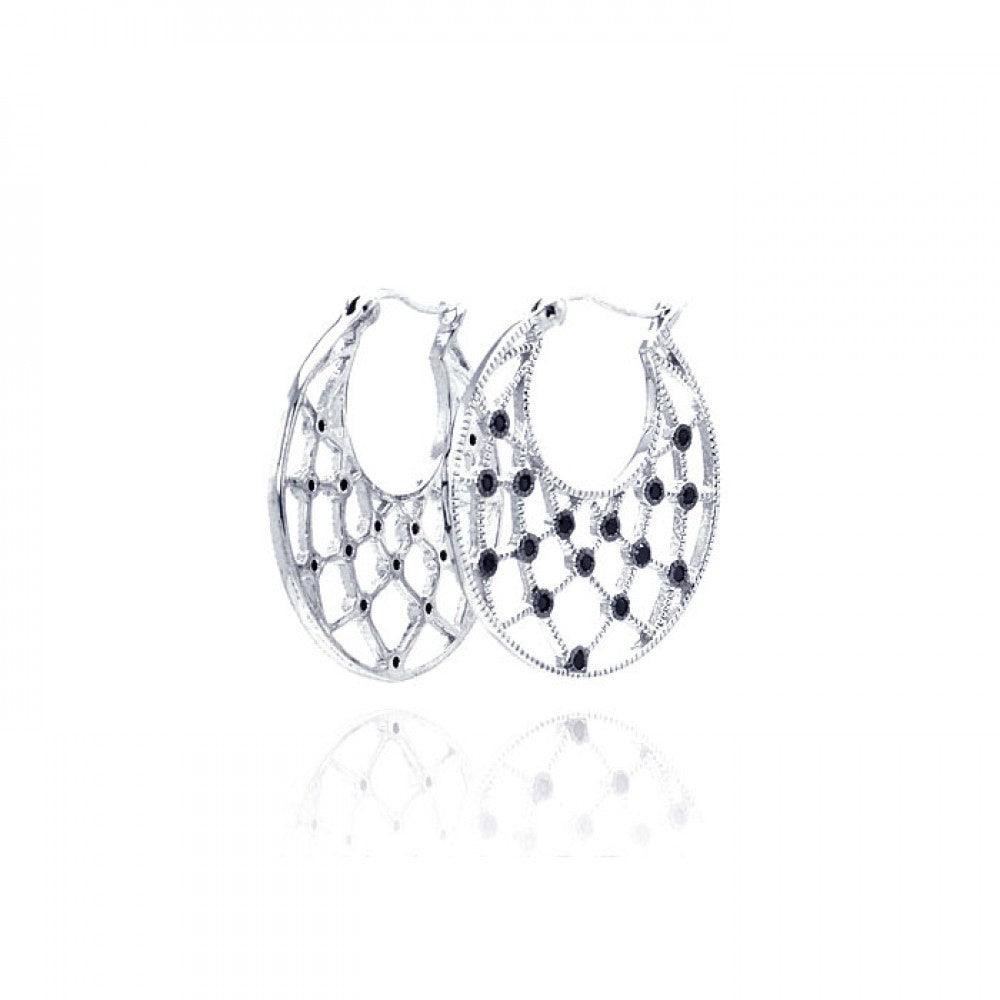 Silver 925 Rhodium Plated Black Round CZ Web Crescent Hoop Earrings - STE00519BLK