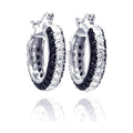 Silver 925 Rhodium Plated Round Silver and Black CZ Hoop Earrings - STE00559
