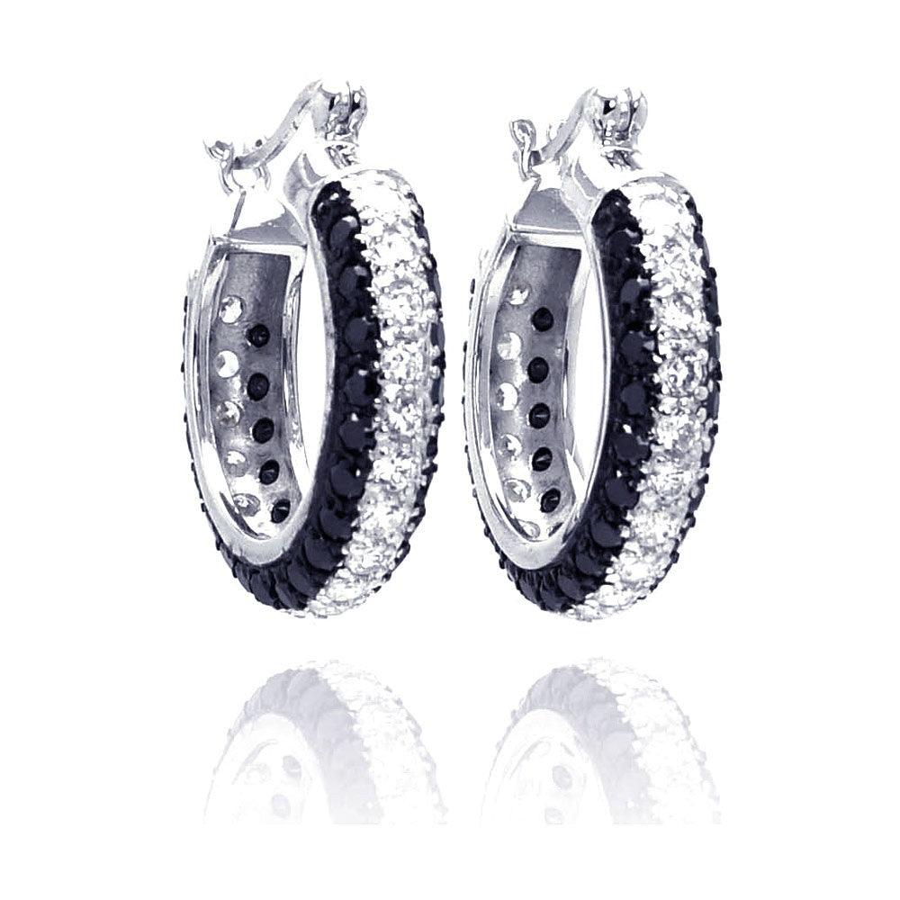 Silver 925 Rhodium Plated Round Silver and Black CZ Hoop Earrings - STE00559