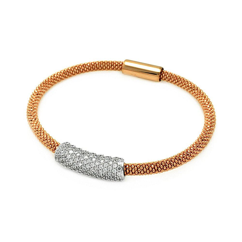 Silver 925 Rhodium and Rose Gold Plated Clear CZ Bar Italian Bracelet - ITB00084RGP