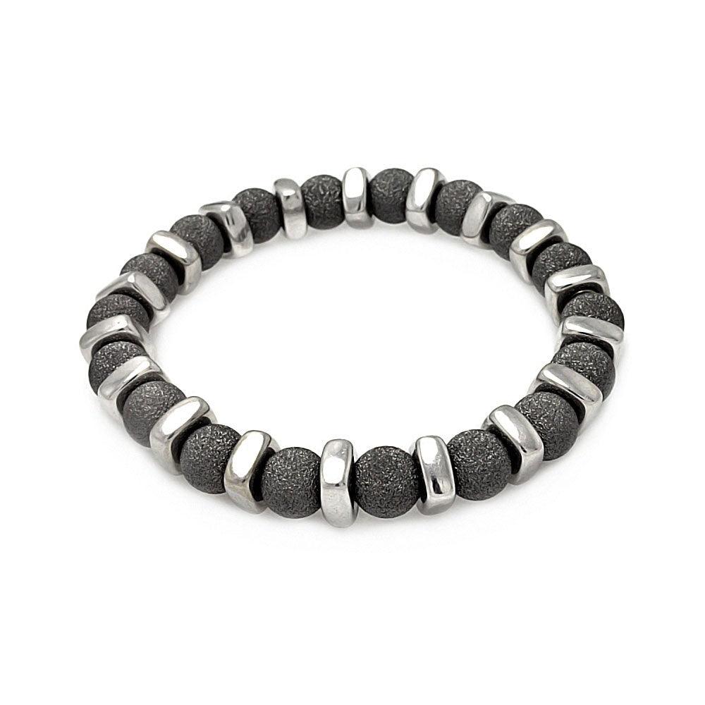 Silver 925 Black Rhodium Plated Shiny Bead Bar Stretchable Italian Bracelet - ITB00089BLK