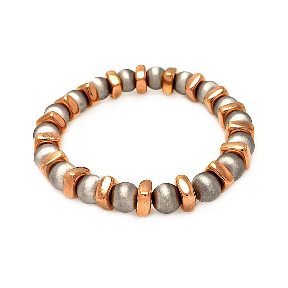 Silver 925 Rhodium and Rose Gold Plated Stretchable Bar and Bead Italian Bracelet - ITB00093RGP