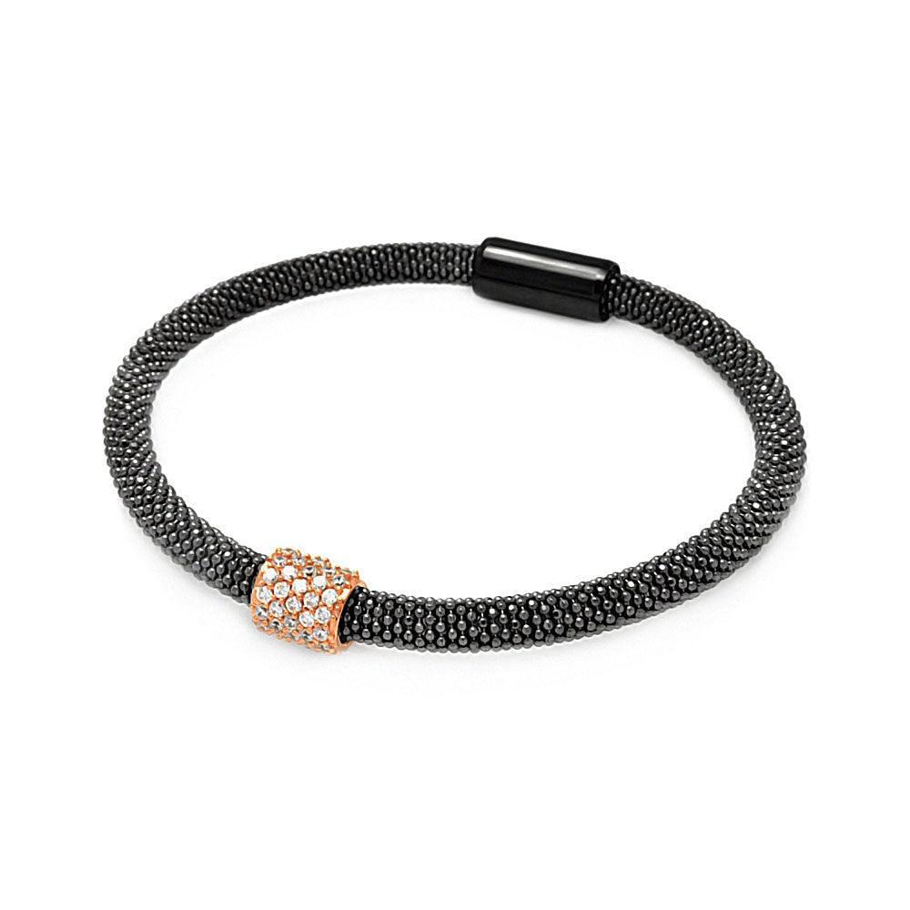Silver 925 Black Rhodium and Rose Gold Plated Bar Clear CZ Beaded Italian Bracelet - ITB00096BRH