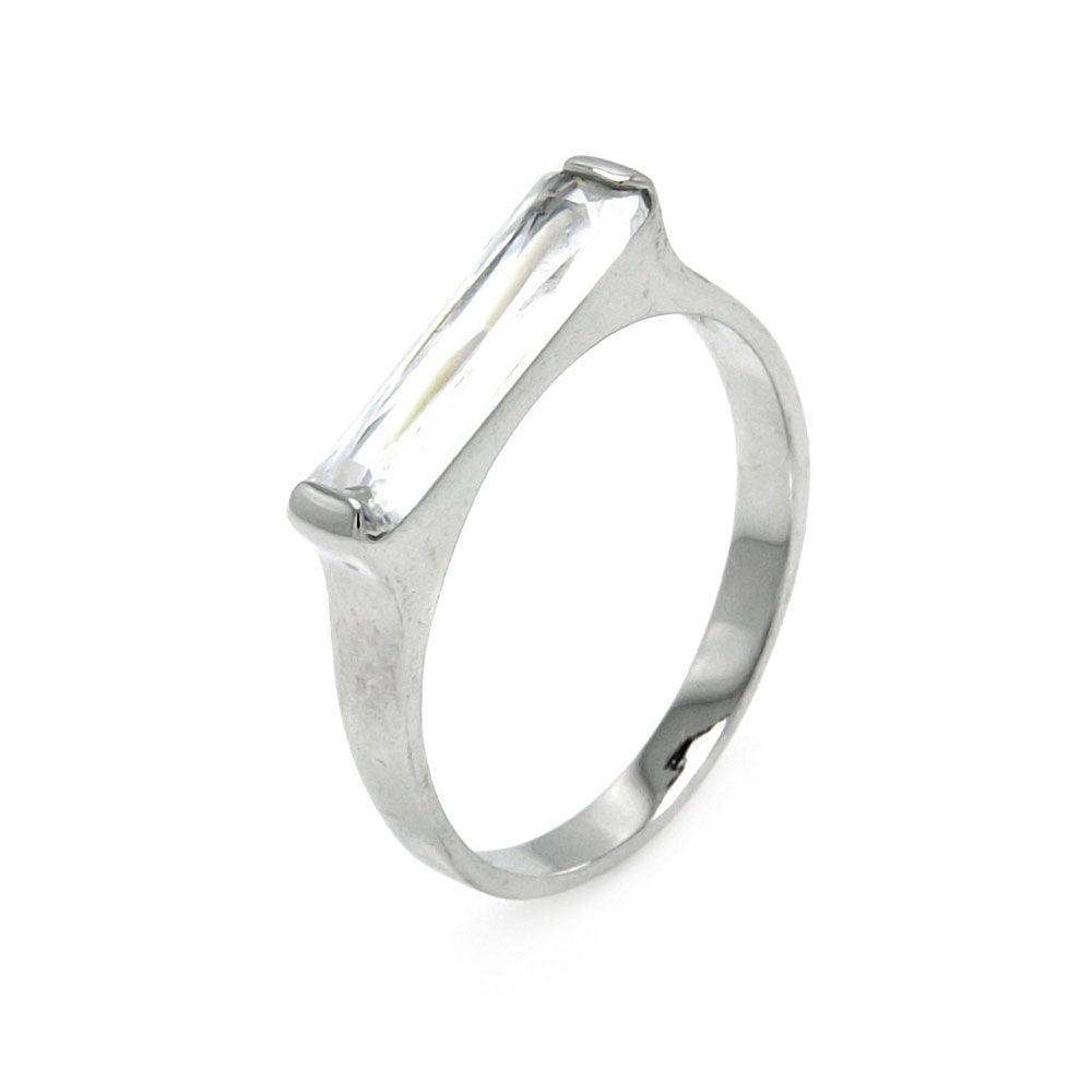 Silver 925 Rhodium Plated Long Clear CZ Bar Ring - BGR00003CLR