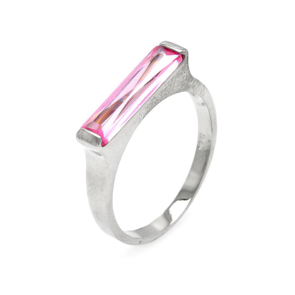Silver 925 Rhodium Plated Long Pink CZ Bar Ring - BGR00003PNK