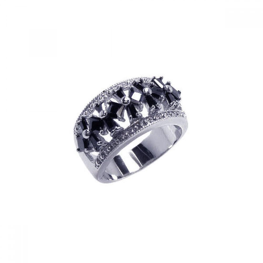Silver 925 Rhodium Plated Half Clear and Black CZ Cross Ring - BGR00030