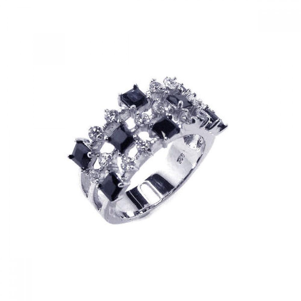 Silver 925 Rhodium Plated Black and Clear CZ Ring - BGR00031