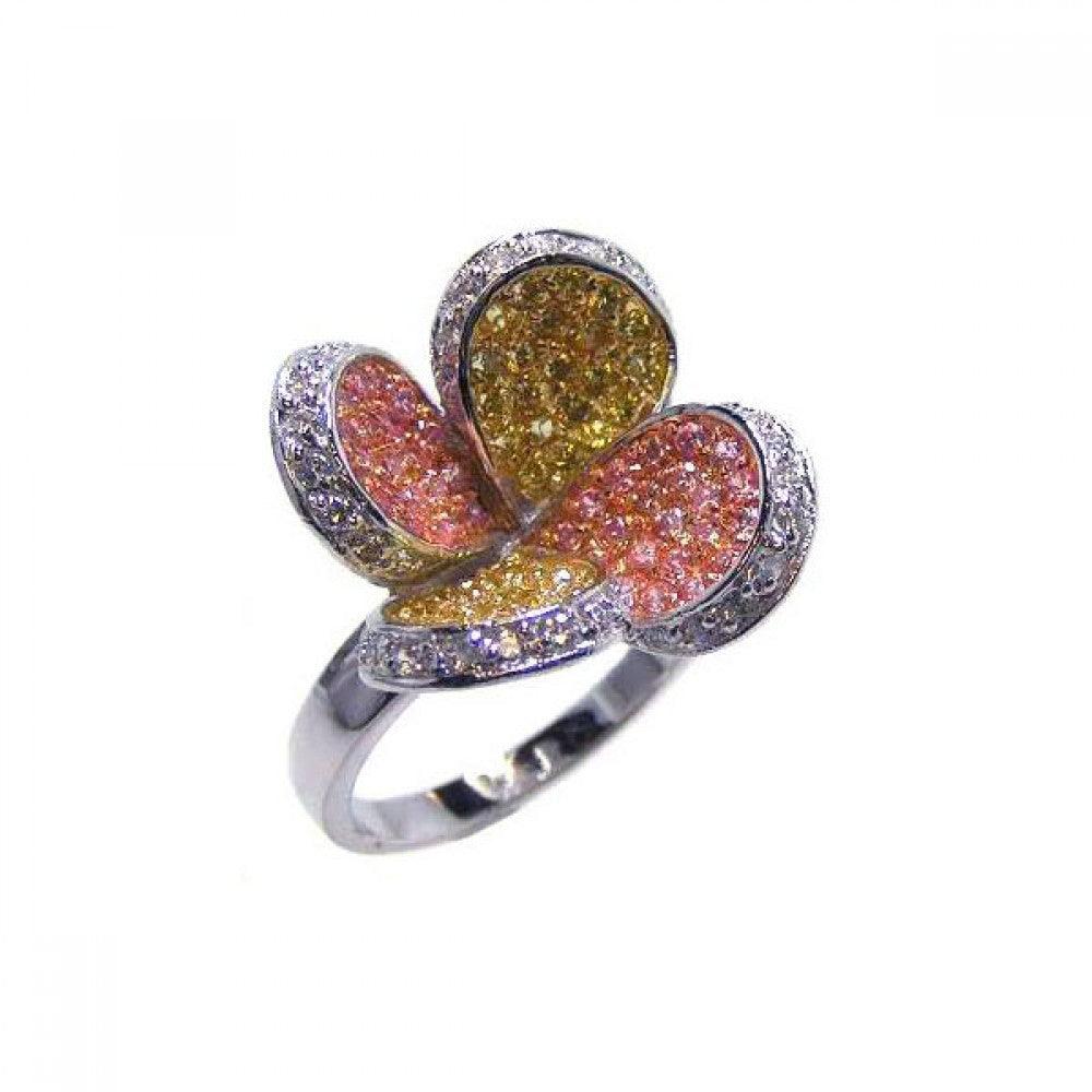 925 Sterling Silver Three Toned Multi-Color CZ Flower Ring - BGR00040
