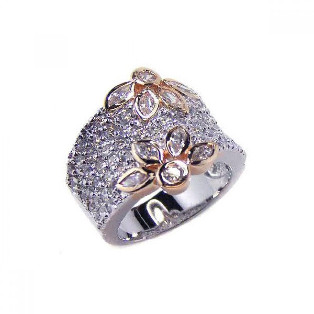 Silver 925 Rhodium and Gold Plated Clear Pave Set CZ Flower Ring - BGR00041