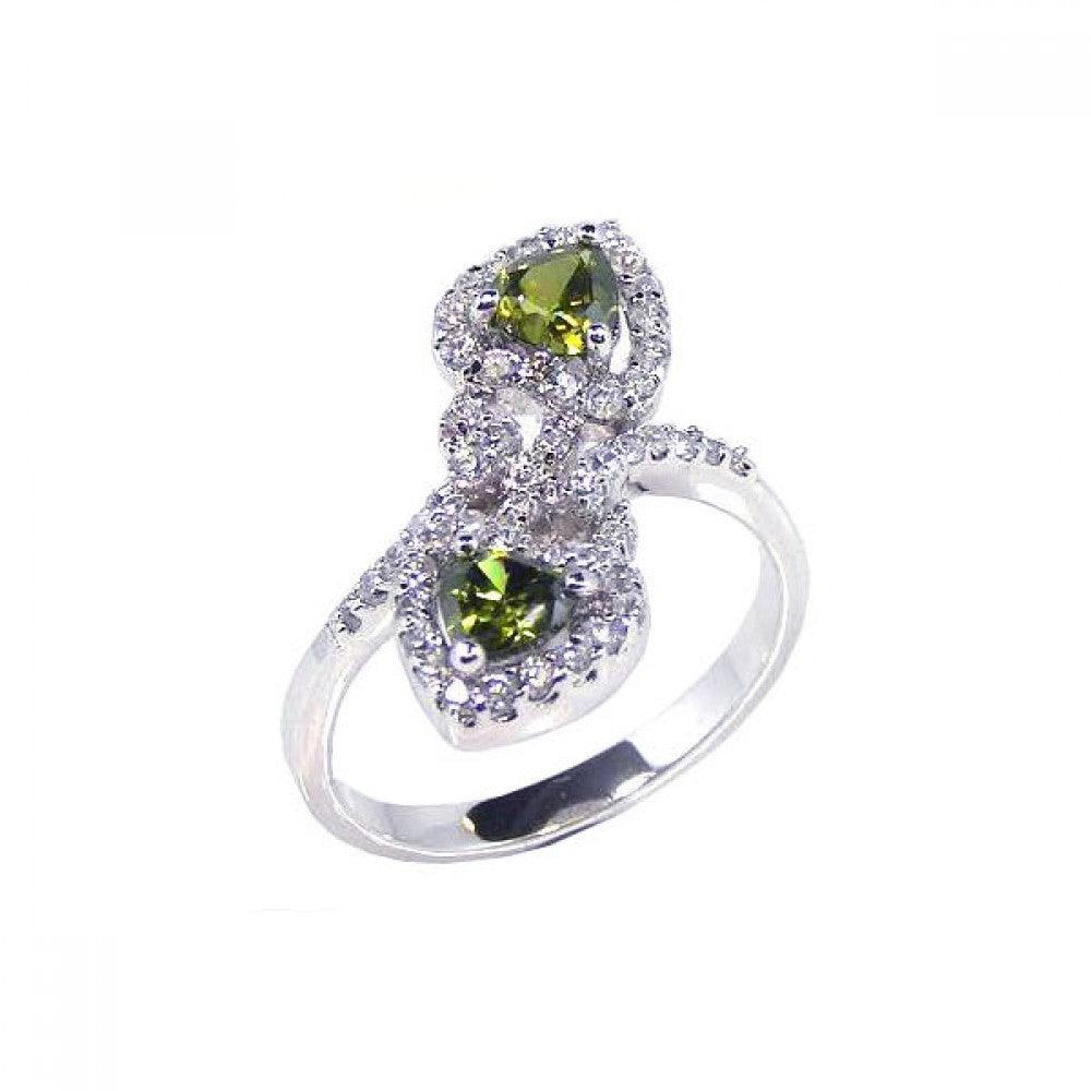 Silver 925 Rhodium Plated Green and Clear CZ Double Heart Ring - BGR00053