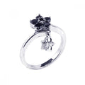 Silver 925 Rhodium Plated Black CZ Dangling Flower Ring - BGR00054