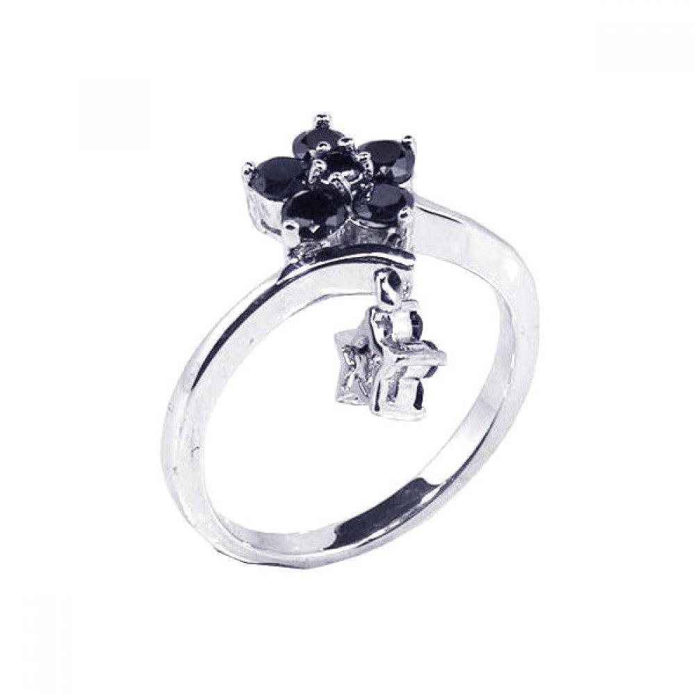 Silver 925 Rhodium Plated Black CZ Dangling Flower Ring - BGR00054