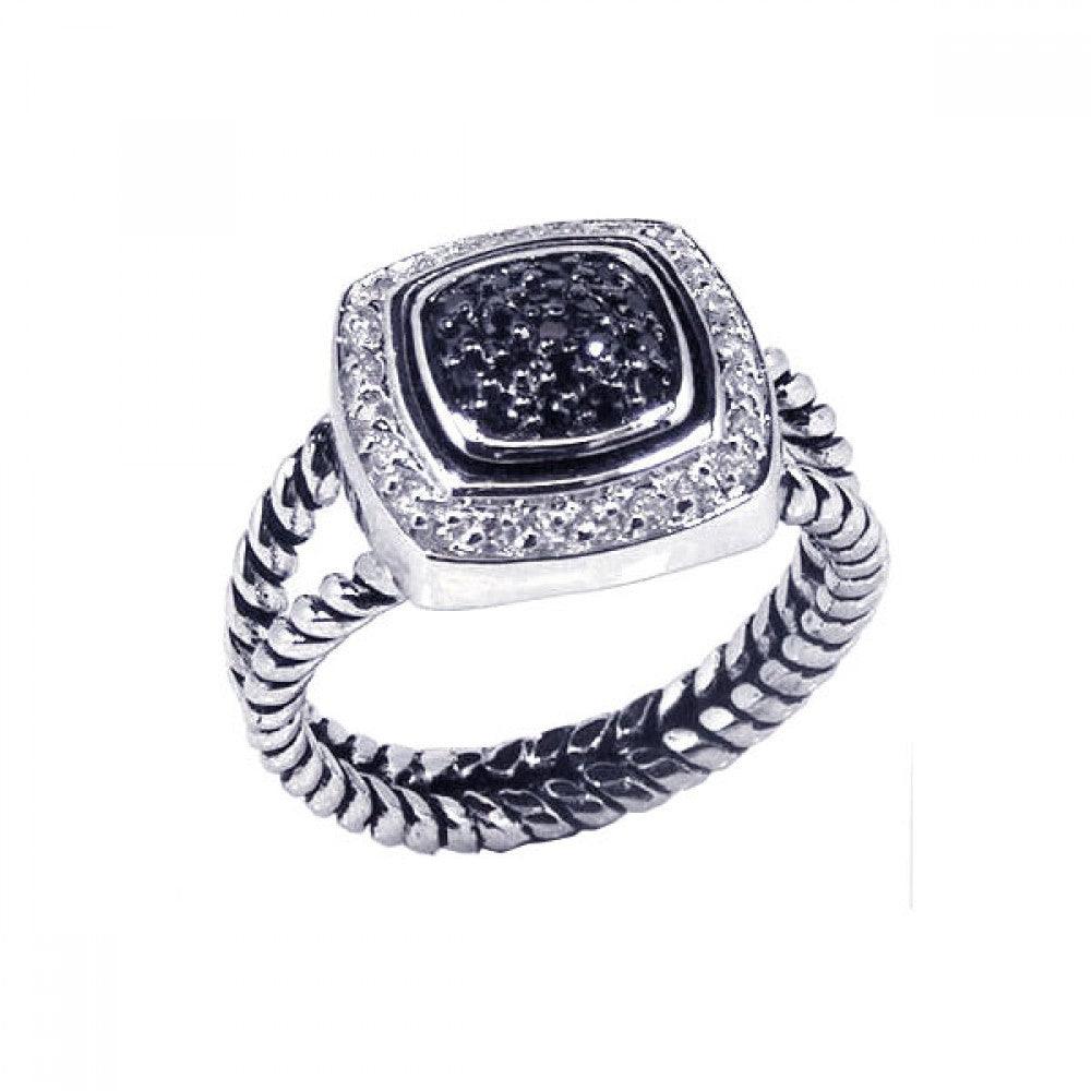 Silver 925 Black Rhodium Plated Clear Black CZ Rope Square Ring - BGR00059