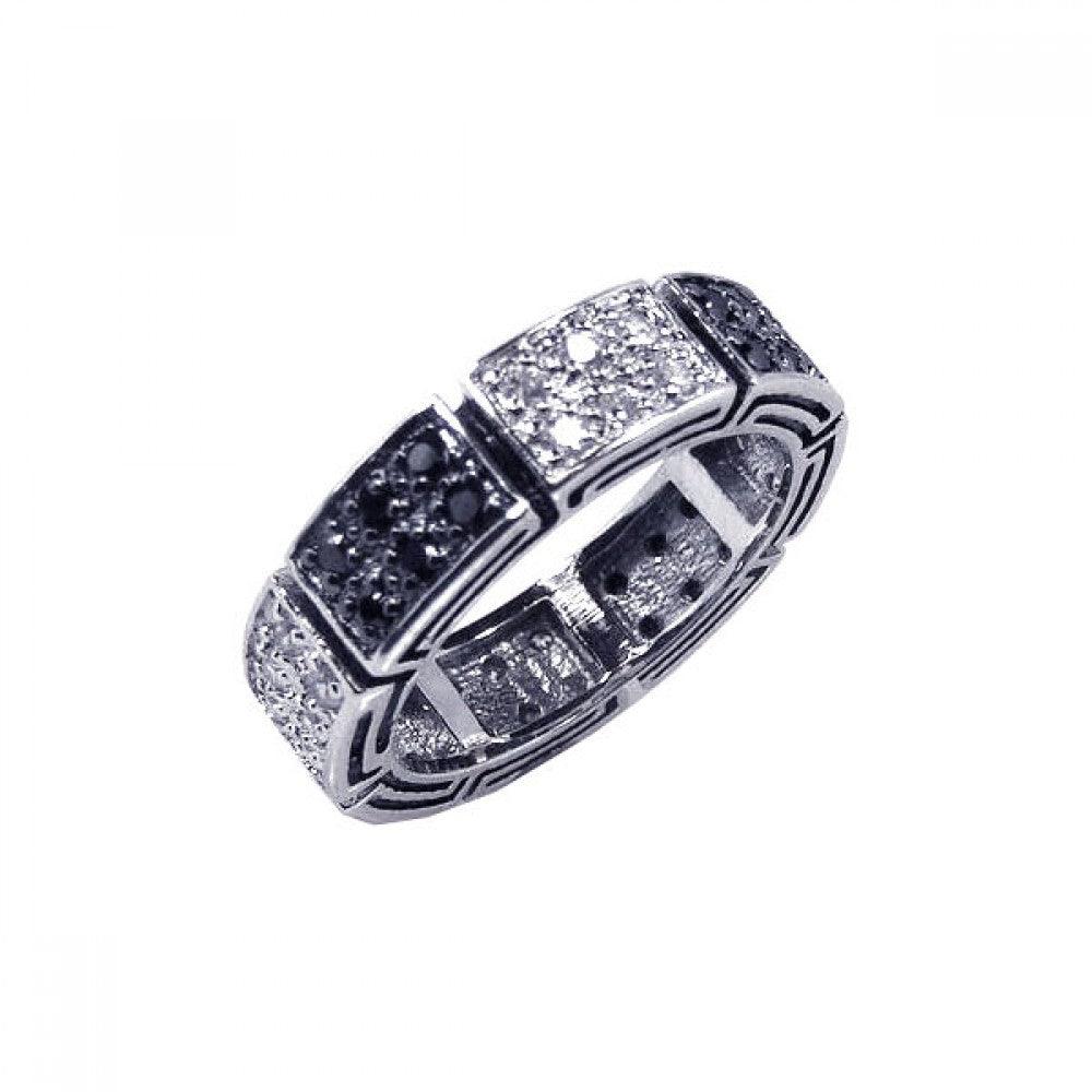 Silver 925 Rhodium Plated Black Clear Pave Set CZ Eternity Ring - BGR00064