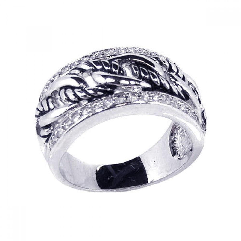 Silver 925 Rhodium Plated Clear Channel Set CZ Half Rope Link Ring - BGR00067