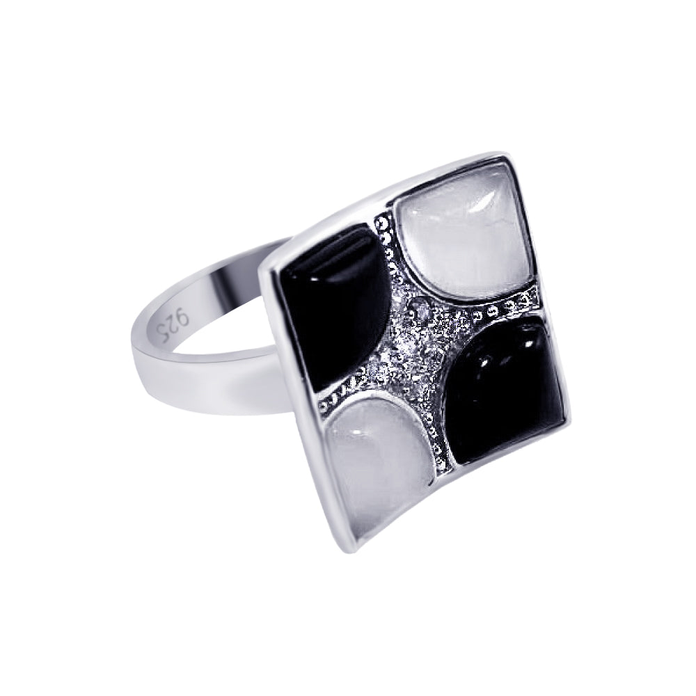 Silver 925 Rhodium Plated Black White Stone Clear Pave Set CZ Square Ring - BGR00072
