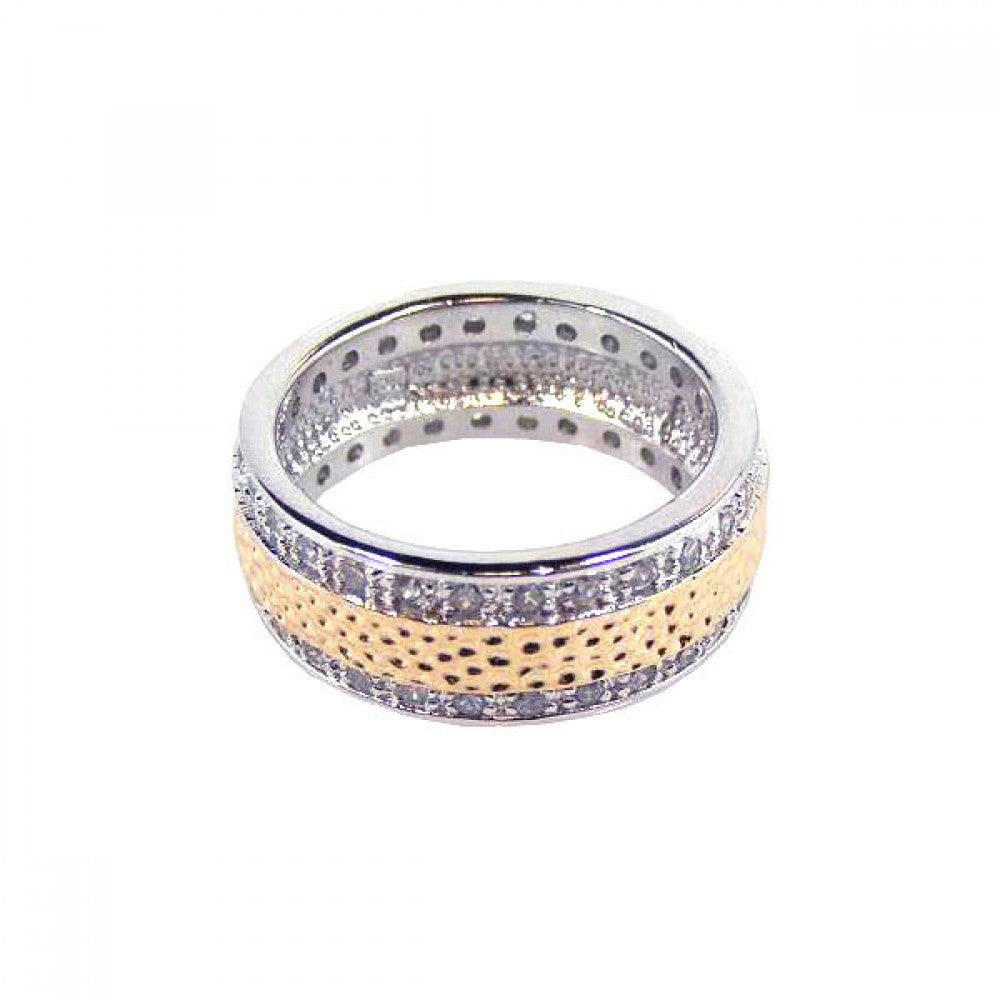 Silver 925 Two Tone Rhodium and Gold Plated Channel Set Clear CZ Hammered Eternity Ring - BGR00073