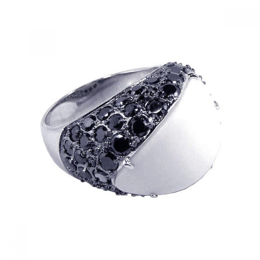 Silver 925 Black Rhodium Plated White Stone Black CZ Cigar Band Ring - BGR00075