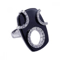 Silver 925 Rhodium Plated Black Onyx Clear CZ Open Circle Ring - BGR00076
