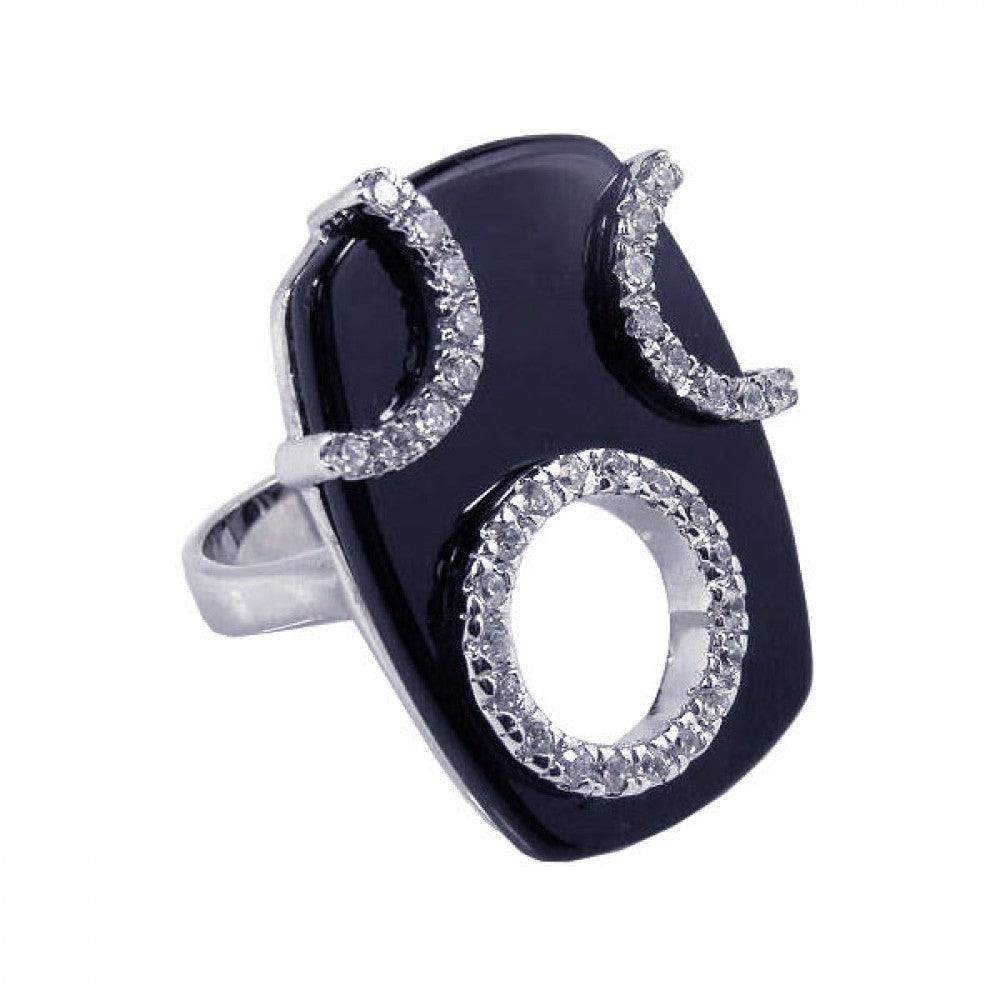 Silver 925 Rhodium Plated Black Onyx Clear CZ Open Circle Ring - BGR00076