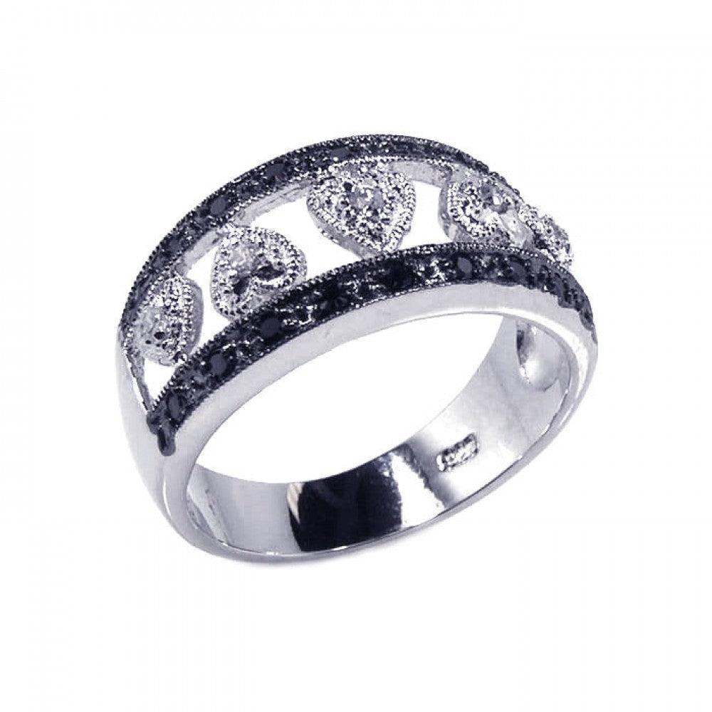 Silver 925 Rhodium Plated Half Black Clear CZ Heart Ring - BGR00097