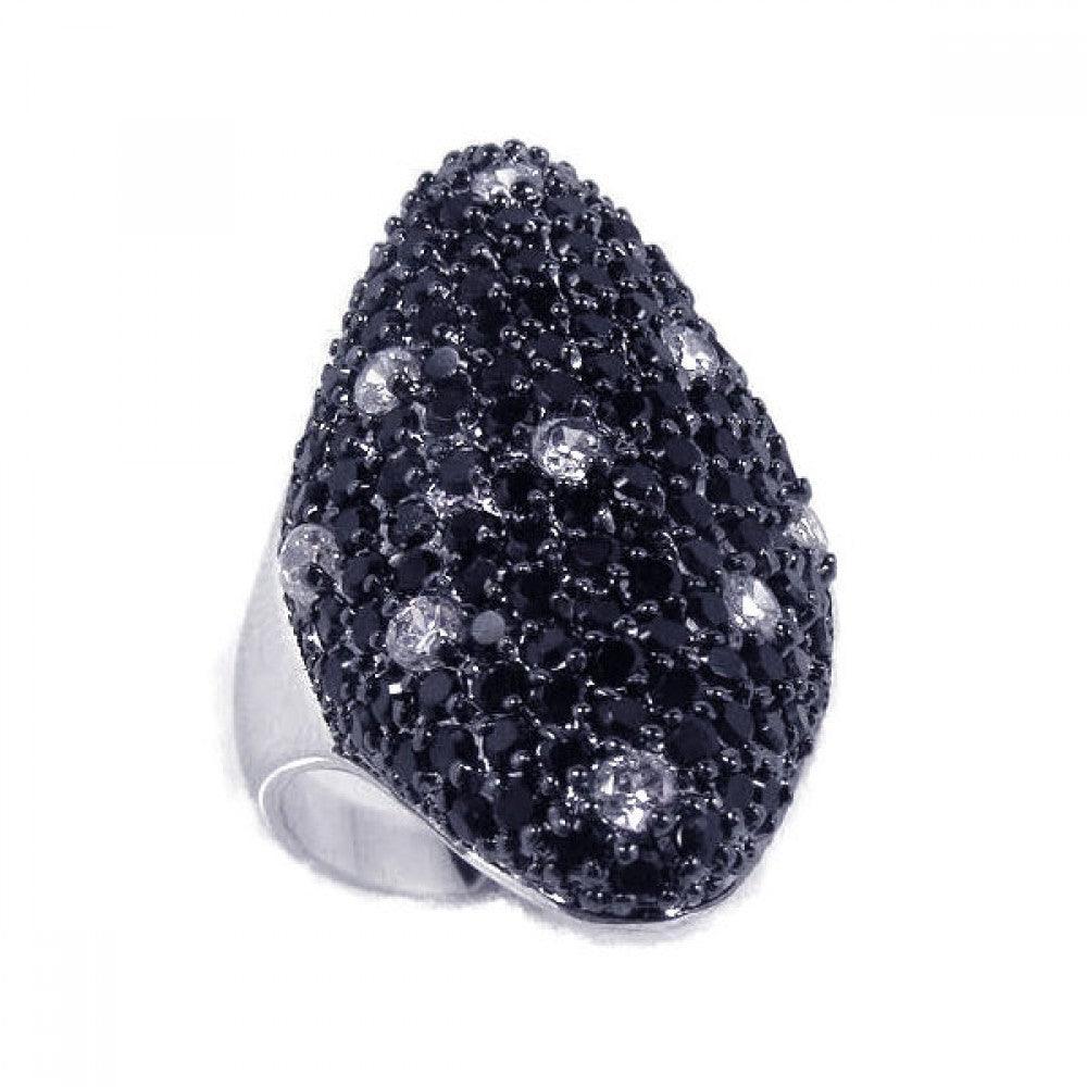Silver 925 Rhodium Plated Black Clear CZ Cigar Band Ring - BGR00111