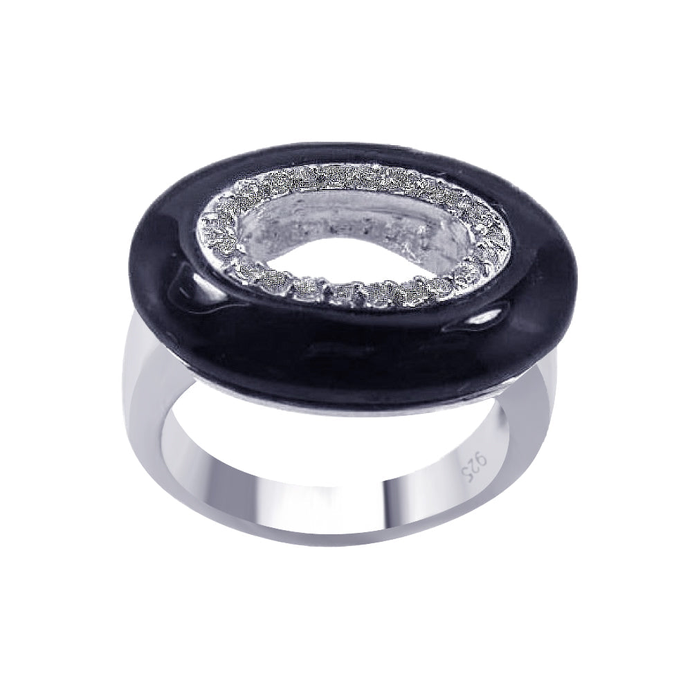 Silver 925 Rhodium Plated Open Black Onyx Clear CZ Ring - BGR00118