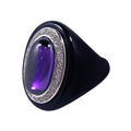 Silver 925 Rhodium Plated Black Agate Finish Purple Center Clear Cluster CZ Oval Ring - BGR00128