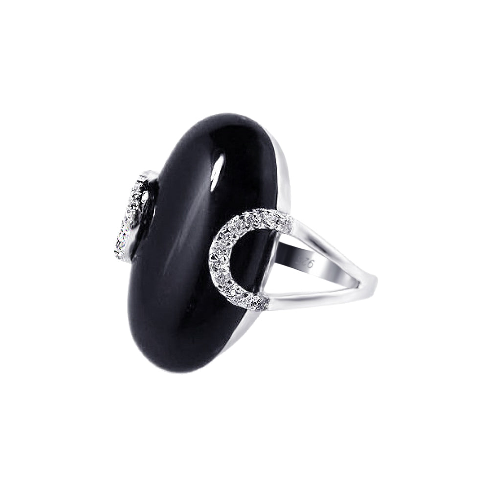 Silver 925 Rhodium Plated Black Onyx Clear CZ Oval Ring - BGR00129