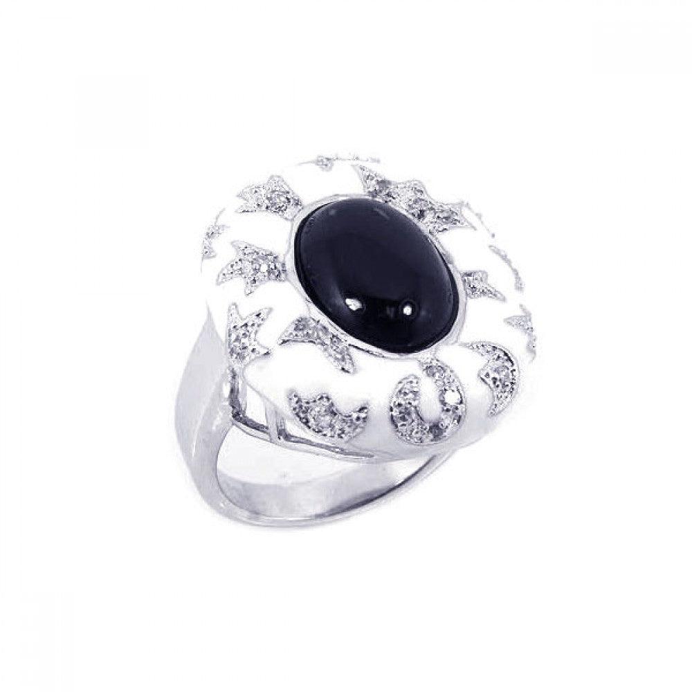 Silver 925 Rhodium Plated White Enamel Black Onyx CZ Moon Star Ring - BGR00130