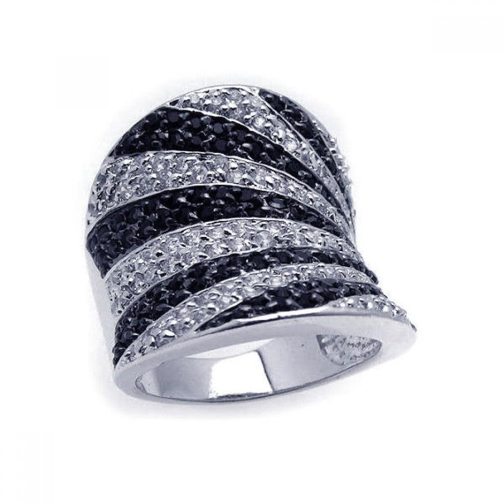 Silver 925 Rhodium and Black Rhodium Plated Clear and Black CZ Wide Stripes Ring - BGR00135