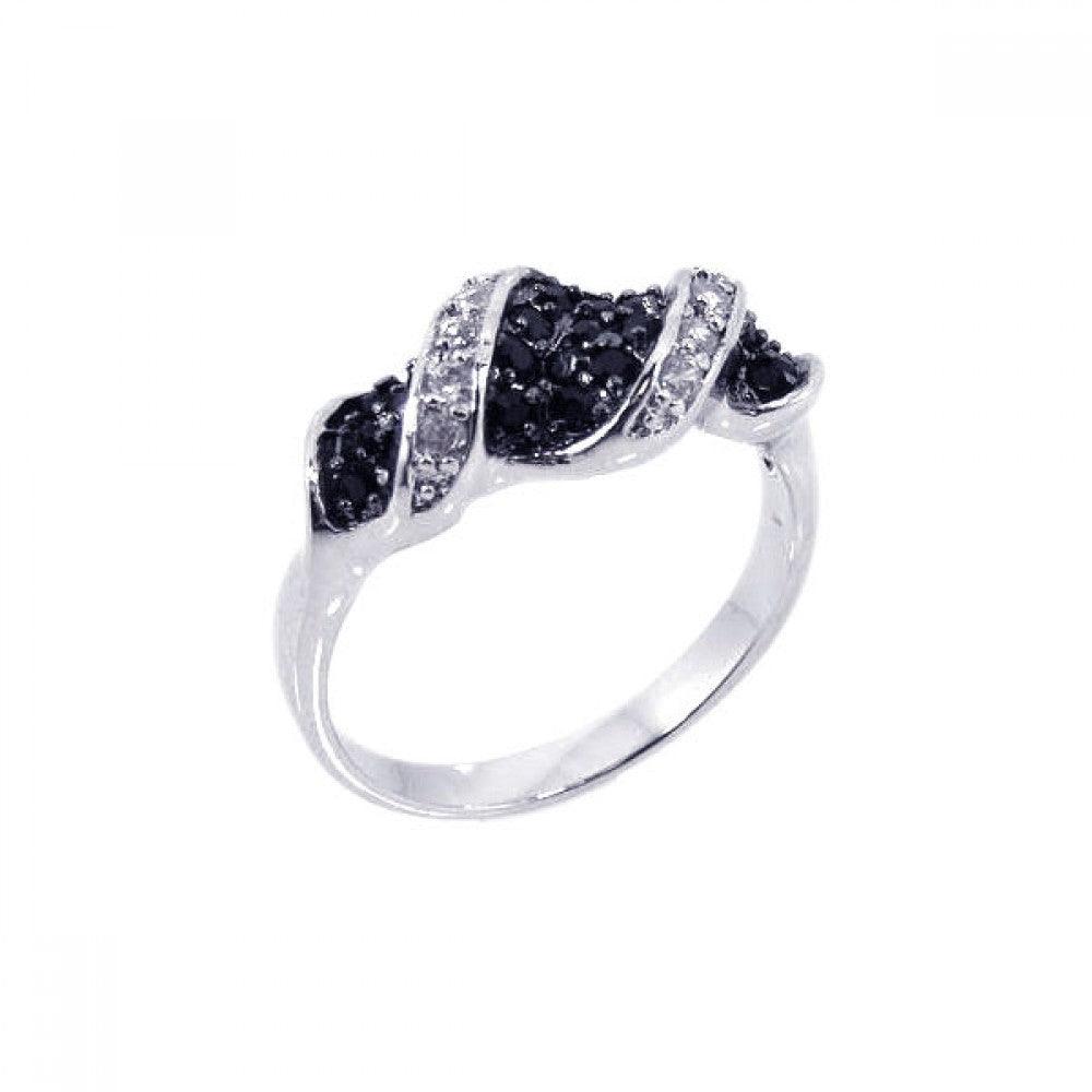 Silver 925 Rhodium and Black Rhodium Plated Black and Clear CZ Twist Ring - BGR00140