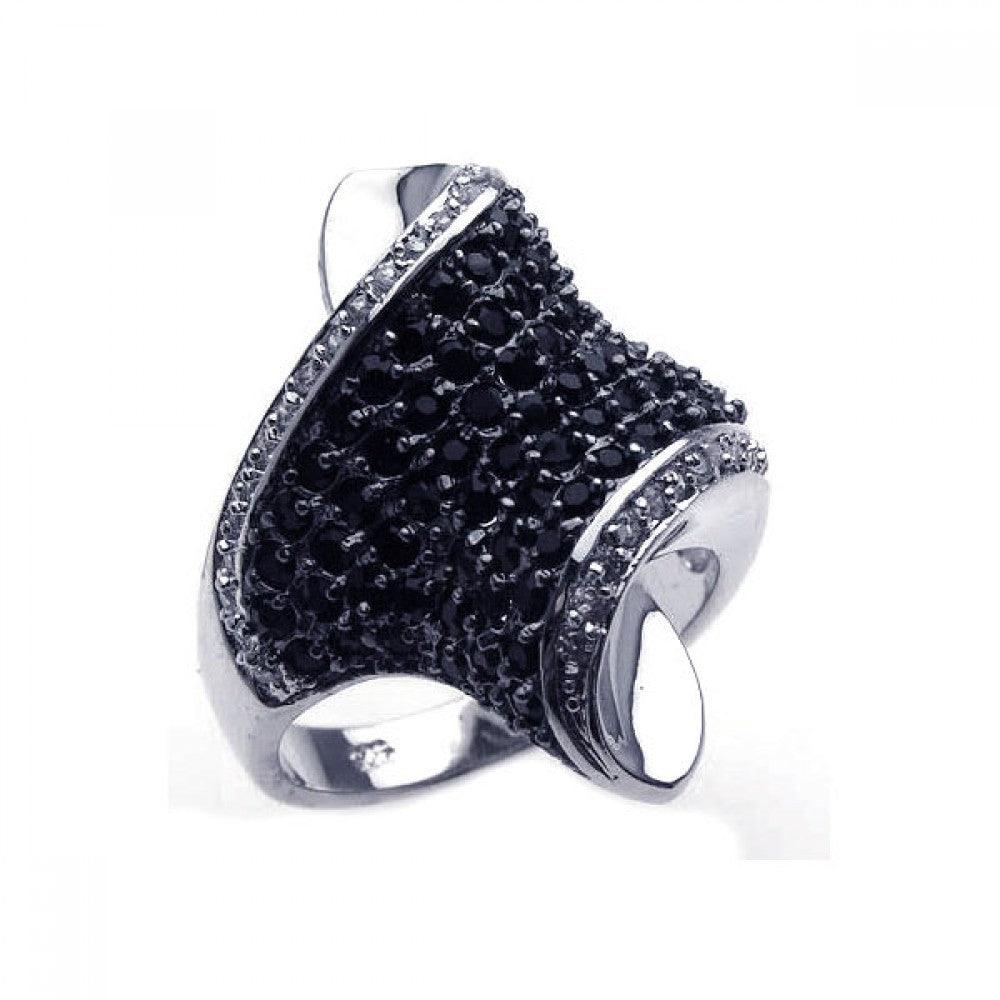 Silver 925 Rhodium and Black Rhodium Plated Pave Set Black and Channel Set Clear CZ Wave Ring - BGR00142