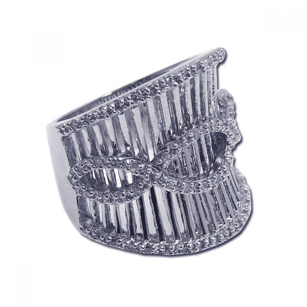 Silver 925 Rhodium Plated Clear CZ Ornate Cigar Band Ring - BGR00146