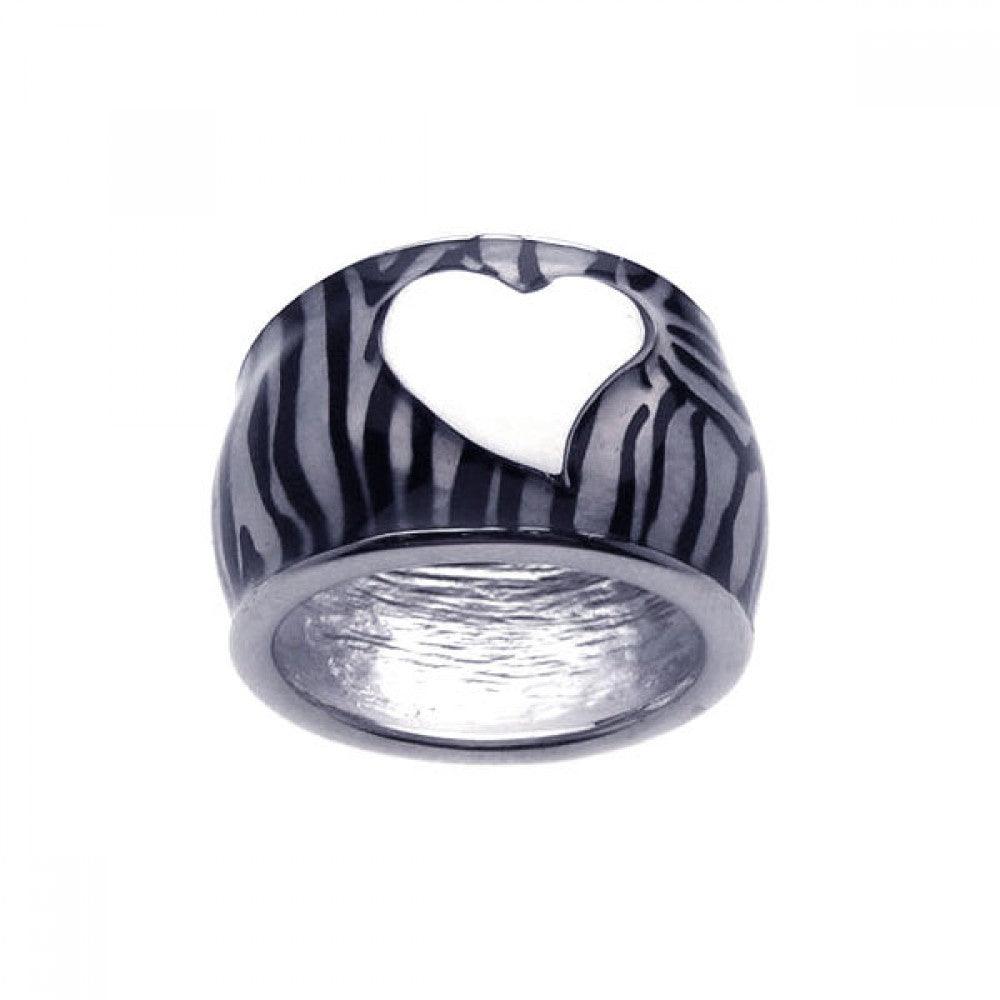 Silver 925 Rhodium Plated White Heart Zebra Stripe Ring - BGR00147