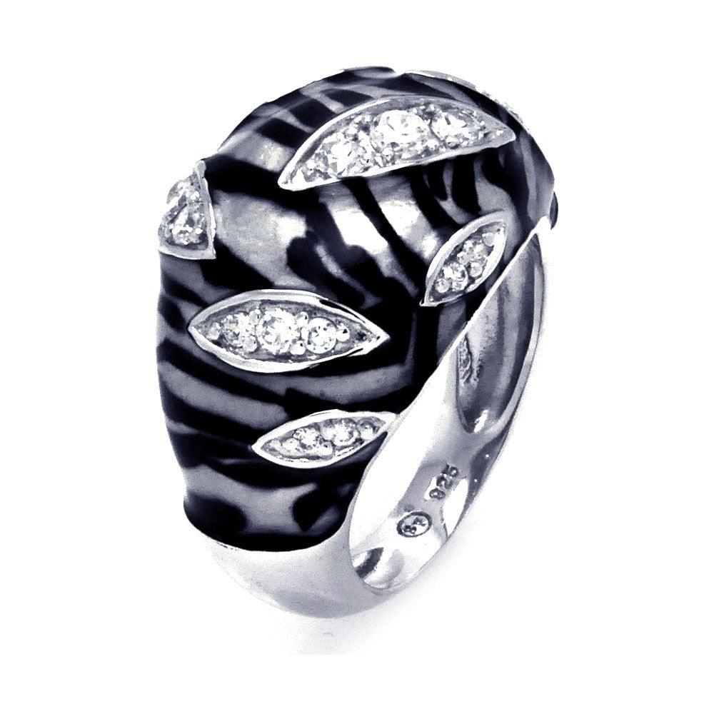 Silver 925 Rhodium Plated Clear CZ Zebra Stripe Ring - BGR00150