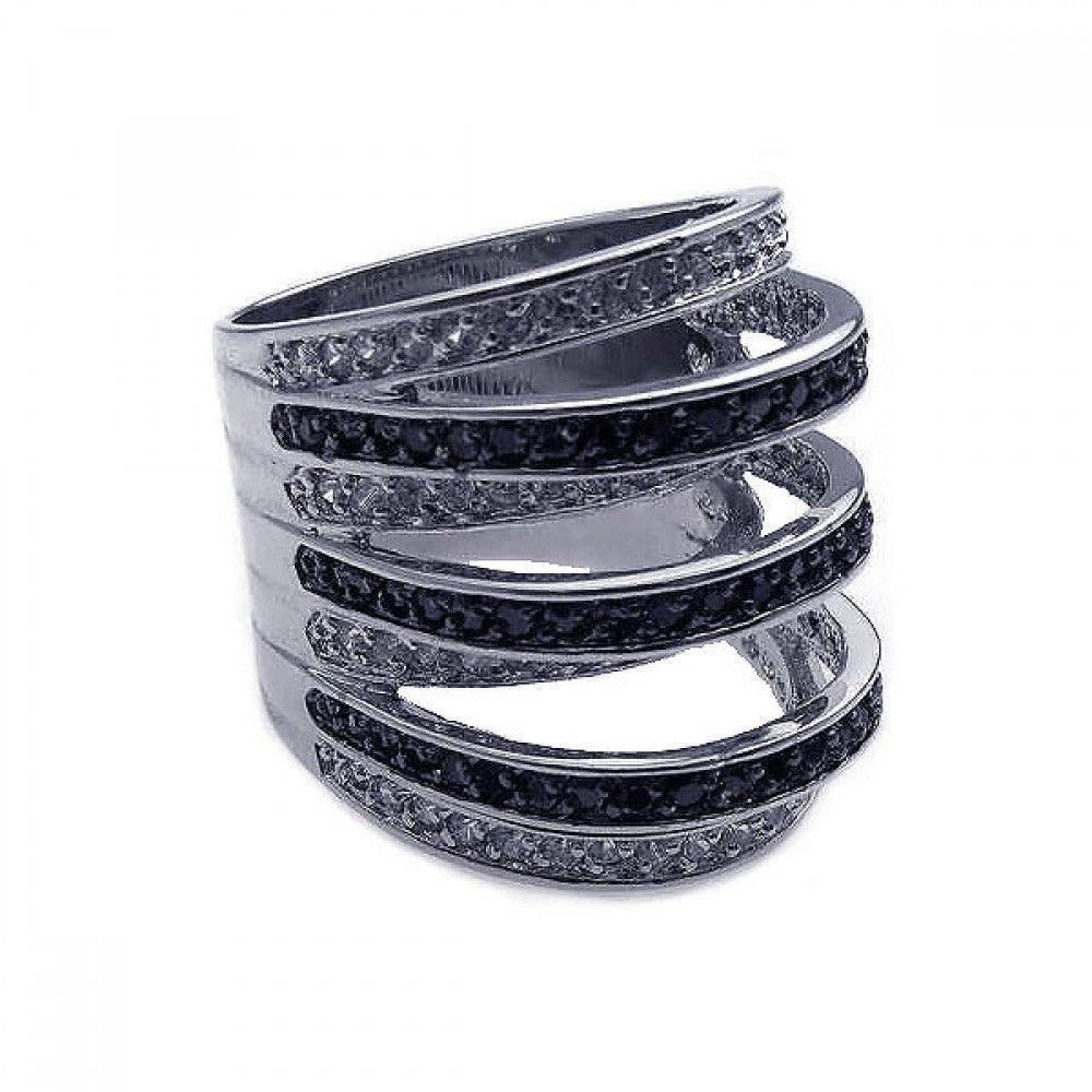 Silver 925 Rhodium and Black Rhodium Plated Black and Clear CZ Stripe Ring - BGR00171