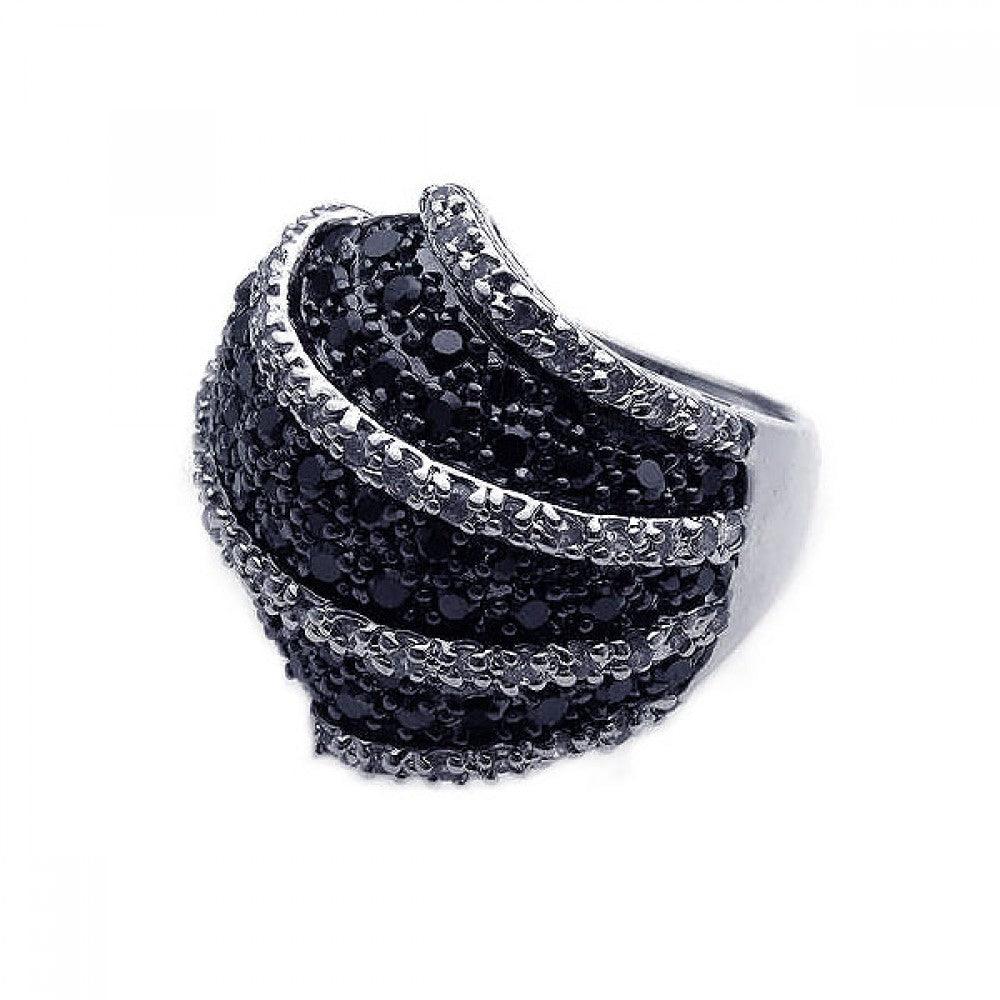 Silver 925 Rhodium and Black Rhodium Plated Clear and Black Pave Set CZ Dome Ring - BGR00172