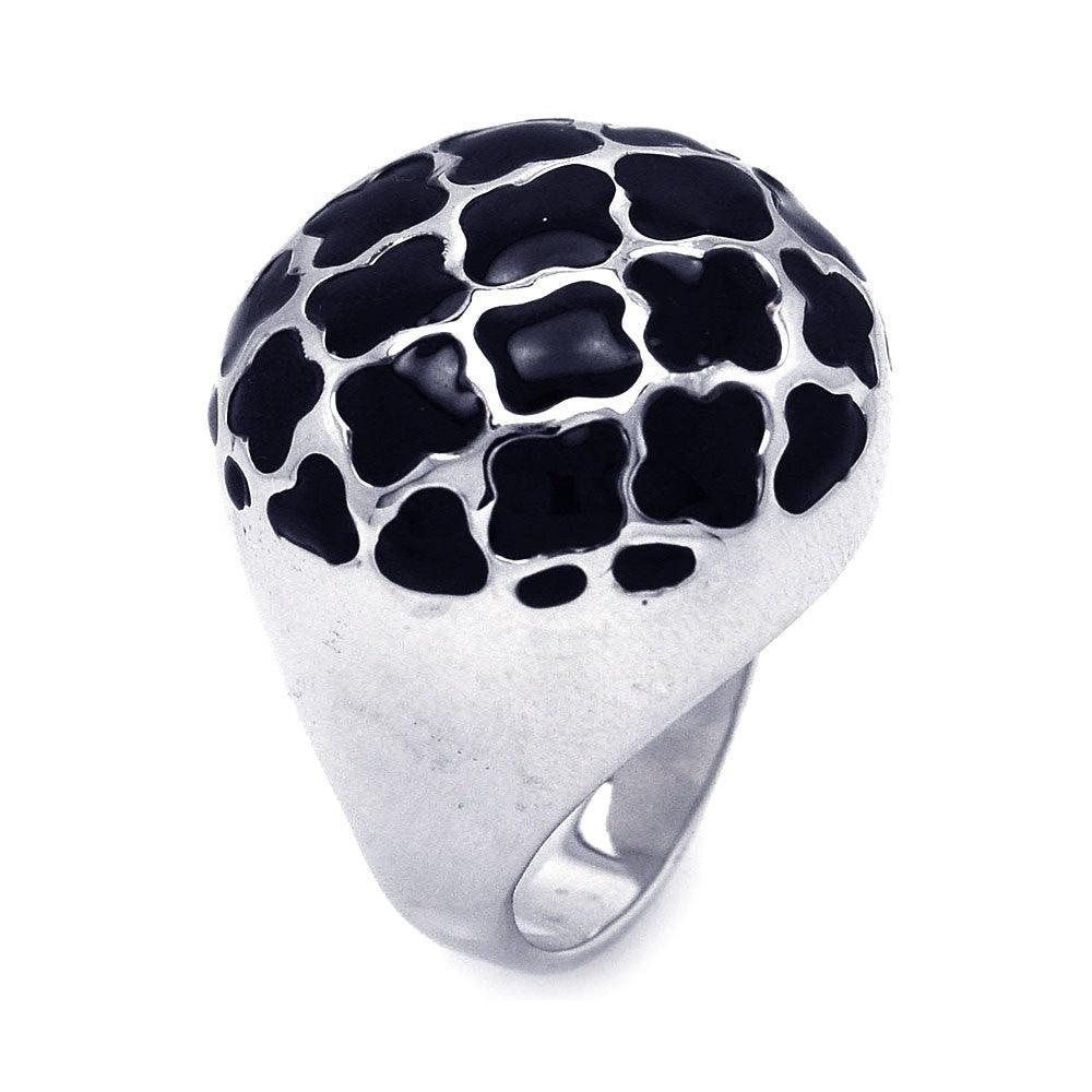 Sterling Silver Rhodium Plated Black Enamel Clover Dome Ring - BGR00174