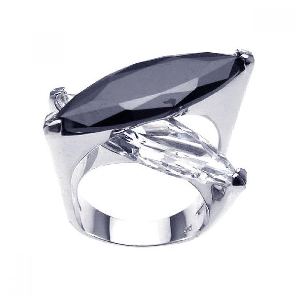 Silver 925 Rhodium Plated Black and Clear CZ Crossing Ring - BGR00175