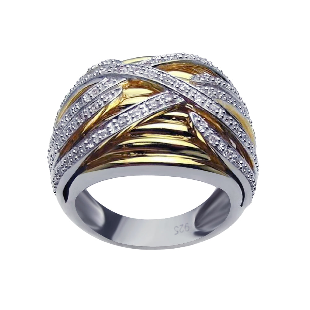 Silver 925 Rhodium and Gold Plated Clear CZ Overlapping Ring - BGR00181