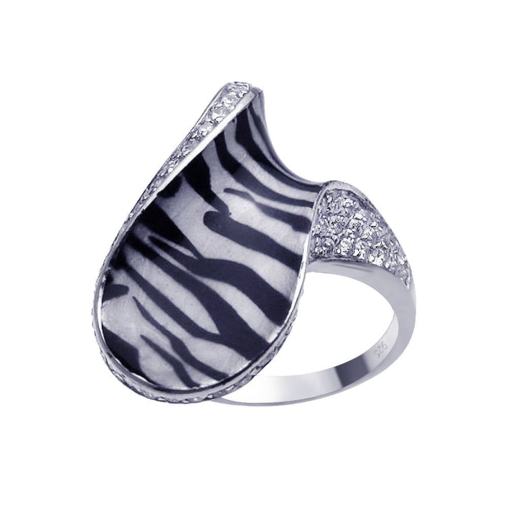 Silver 925 Rhodium Plated Pave Set Clear CZ Zebra Print Stripe Ring - BGR00182