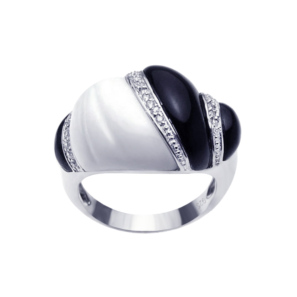 Silver 952 Rhodium Plated Clear CZ Black and White Ring - BGR00184
