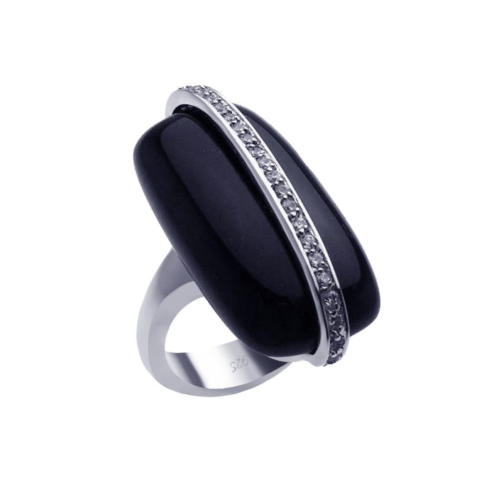 Silver 925 Rhodium Plated Clear CZ Elongated Black Onyx Ring - BGR00185