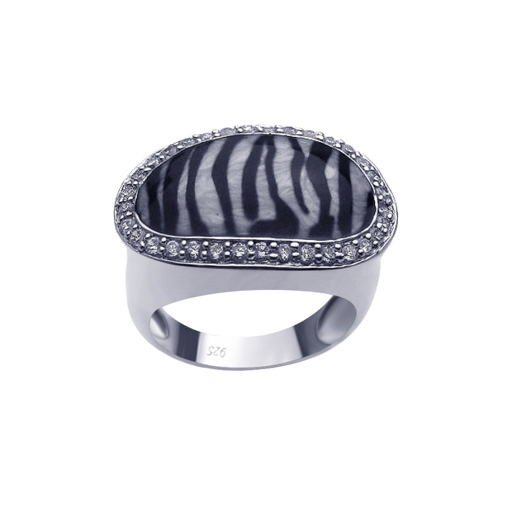Silver 925 Rhodium Plated Clear CZ Border Zebra Print Ring - BGR00189